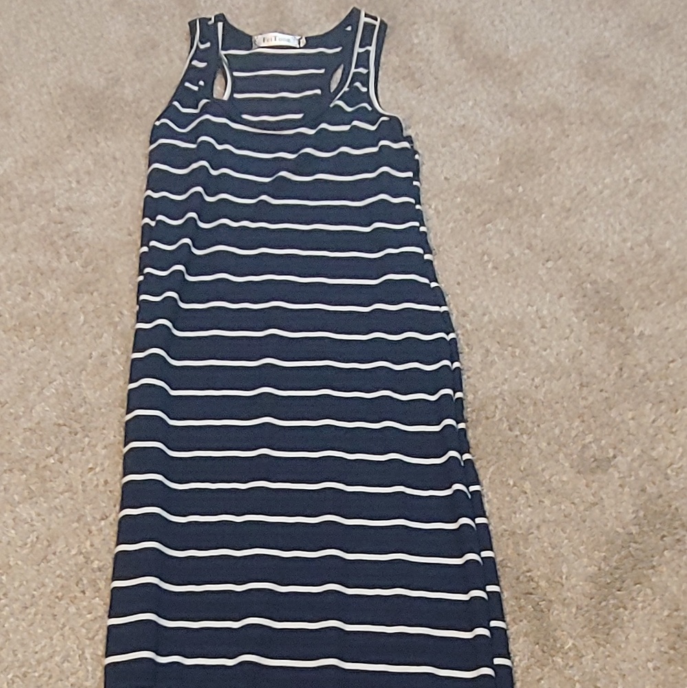 Long navy blue and white striped dress.